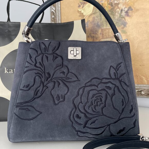 NWT KATE SPADE Phoebe Suede Embroidered Medium Top Handle Bag In Blazer Blue - Picture 3 of 6